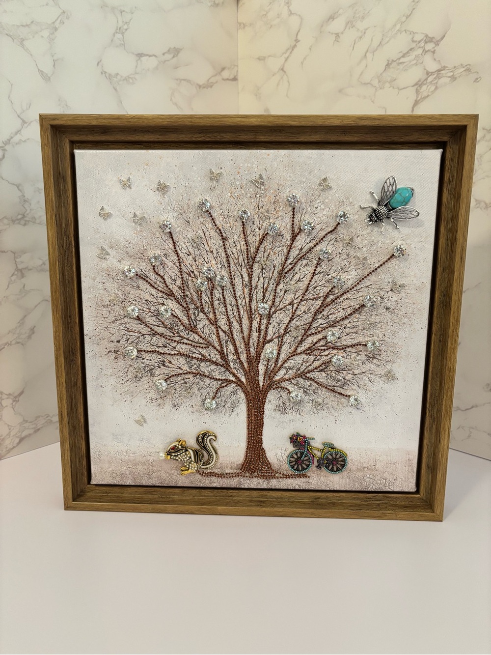 12x12 Crystal Butterfly Tree Art, Mixed Media Nature Wall Decor
